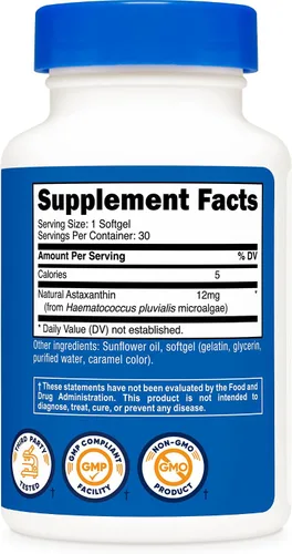 Miniatura 5 de Nutricost Astaxantina 12 mg, 30 cápsulas blandas, sin OMG y sin gluten