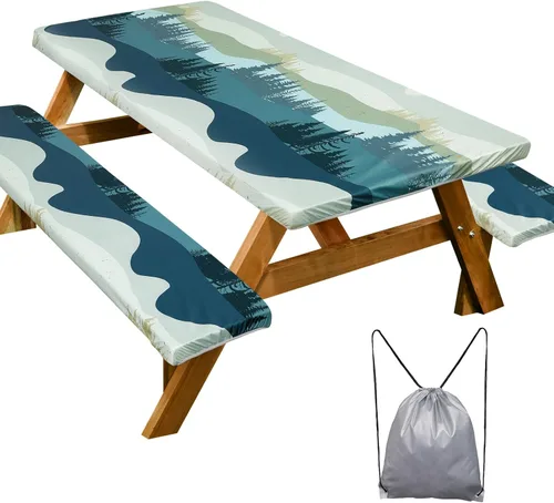 Miniatura 34 de Funda de mesa de picnic con fundas para bancos Esenciales de camping Mantel de picnic impermeable y a prueba de viento con bolsa de cordón, funda
