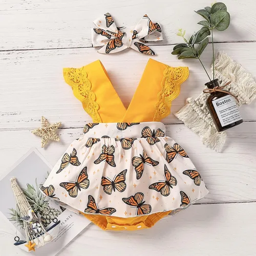 Miniatura 2 de Mameluco con estampado de manga mosca de encaje para niñas recién nacidas, conjunto de diadema para baile 2t (amarillo, 0-3 meses)