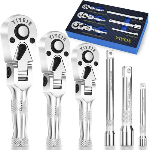 Miniatura 8 de YIYEIE Juego de trinquete de cabeza flexible de 6 piezas, transmisión de 1/4 pulgadas, 3/8 pulgadas, 1/2 pulgadas, llave de trinquete de cabeza