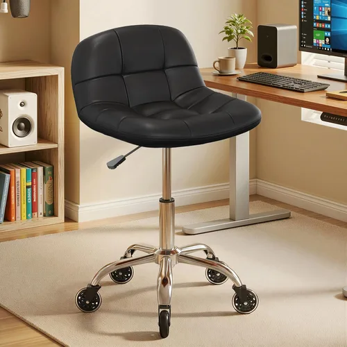 Miniatura 9 de Taburete enrollable con ruedas, taburete ajustable en altura con soporte para la espalda, silla de dibujo de oficina con cojín de piel sintética