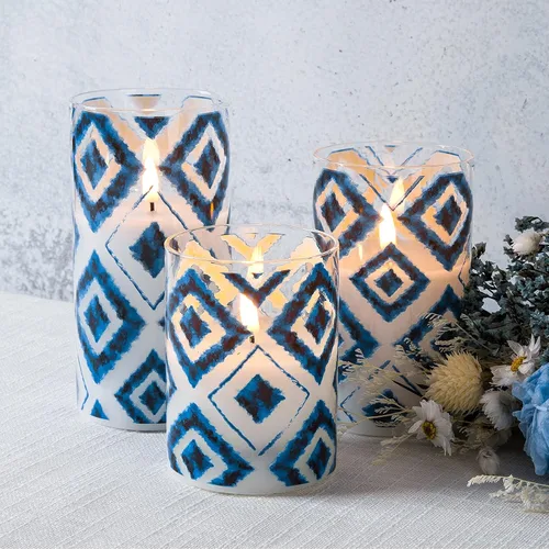Miniatura 6 de Eywamage Velas geométricas azules sin llama en frascos de vidrio, velas LED parpadeantes con batería parpadeante con control remoto, juego de 3