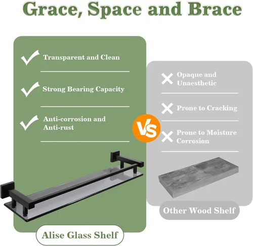 Miniatura 5 de Alise Estantes de baño, estante de vidrio negro mate para baño, estantes flotantes modernos, 20 pulgadas