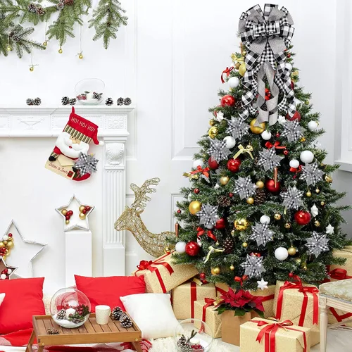 Miniatura 5 de Syhood Decoración de árbol de Navidad de búfalo blanco y negro de 34 pulgadas, decoración de lazo grande para decoración de Navidad y flores