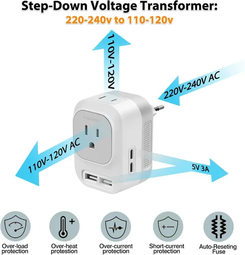 Miniatura 5 de Convertidor de voltaje de Estados Unidos a Europa con 2 puertos USB A y 2 puertos USB C de carga rápida, convertidor de corriente de 220 V a 110 V