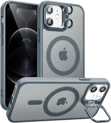 Miniatura 14 de Funda magnética para iPhone 11 con soporte, compatible con Magsafe, protección militar y protector de lente de cámara, funda translúcida mate