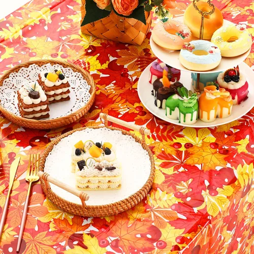 Miniatura 7 de Preboun Mantel de plástico de otoño de 3 piezas de 54 x 108 pulgadas, mantel desechable de Acción de Gracias, mantel rectangular impermeable