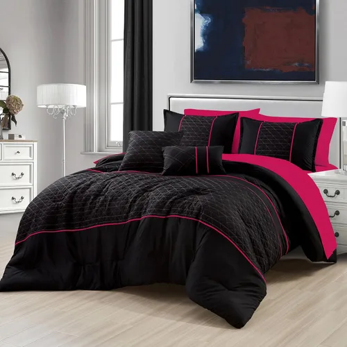 ESCA Bed-in-a-Bag - Juego de sábanas y edredón de 9 piezas, color negro y rosa, juego de cama en bolsa, tamaño Queen