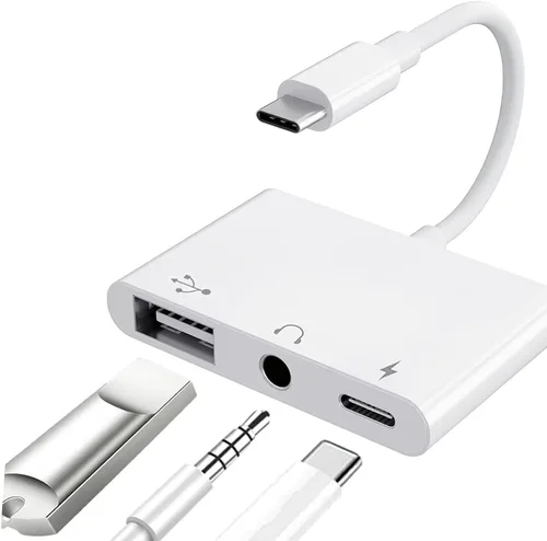Adaptador USB C a USB para MacBook, divisor USB C a USB-A OTG 3 en 1 con conector de audio de 0.138 in y puerto de carga rápida PD compatible con