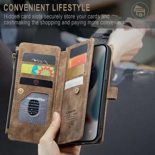 Miniatura 5 de Funda compatible con iPhone 13 Pro Max 5G con tarjetero y función atril magnético, con cremallera, bolsillo, correa de muñeca, funda de cuero