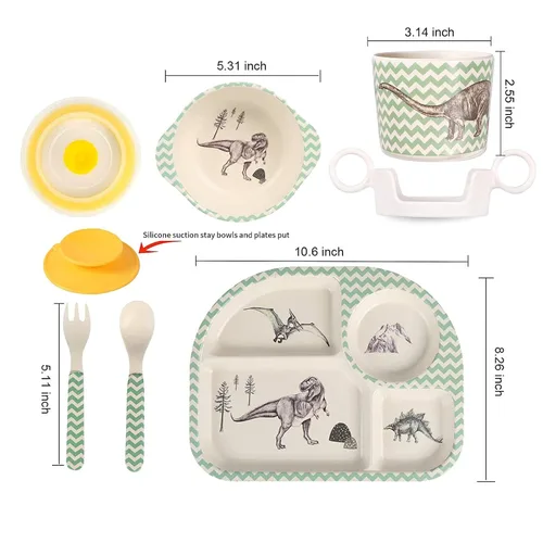 Miniatura 2 de Shopwithgreen - Juego de 7 piezas de fibra de bambú para niños: platos, tazones, tazas, cucharas y tenedores; vajilla con diseño de dibujos