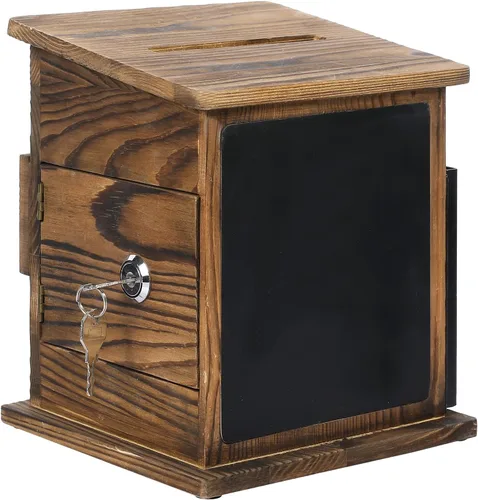Miniatura 2 de MyGift Caja de colección de madera maciza quemada rústica montada en la pared con tarjetero de metal negro, caja de comentarios y sugerencias