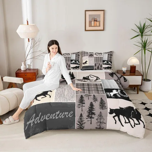 Miniatura 132 de Juego de edredón de oso y ciervo, tamaño individual, ropa de cama de animales salvajes de caza, colcha rústica de cabaña, casa de campo, cuadros