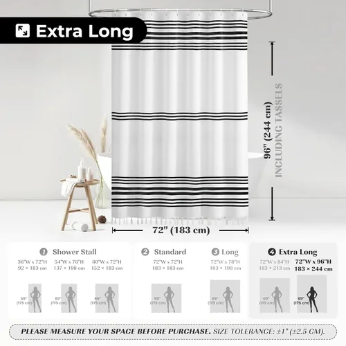 Miniatura 8 de Seasonwood Cortinas de ducha extralargas con borlas modernas en blanco y negro, impermeables, 72 x 96 pulgadas