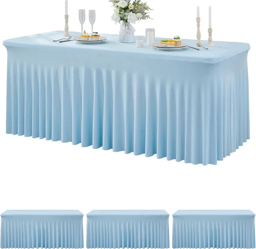 Paquete de 3 Manteles de Spandex Azul Bebé para Mesas Rectangulares de 6 Pies, Falda de Mesa Azul Elástica Ajustada de 6 Pies para Fiestas de Boda,