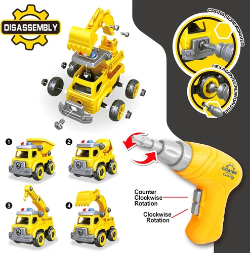Miniatura 2 de Juguetes de coches 4 en 1 para desarmar para niños, vehículo de juguete de camión de construcción de ingeniería DIY - camión volquete, mezcladora