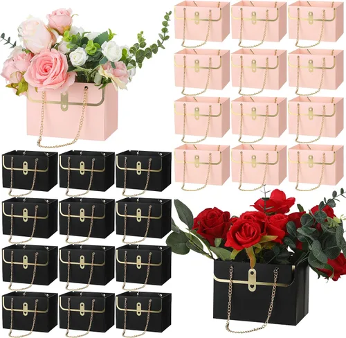 Miniatura 9 de Lincia 24 bolsas de papel de flores para ramos de flores de boda, cajas con asa de cadena, cajas rectangulares para mujeres, bodas, despedidas