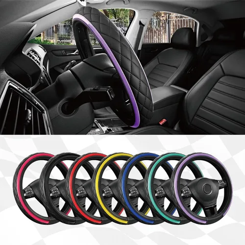 Miniatura 5 de Road Comforts Funda de Volante de Cuero – Negro y Morado, Ajuste Universal 14.5-15 Pulgadas, Cuero de Microfibra, Diseño Antideslizante y Púrpura
