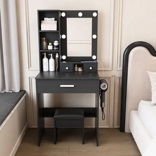 Escritorio de tocador de 7 bombillas con espejo y luces LED ajustables, mesa de maquillaje de 23.62 pulgadas con toma de corriente y taburete,