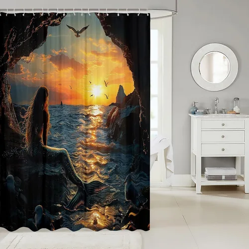 Miniatura 2 de Castle Fairy Cortinas de ducha impermeables 3D de sirena de ensueño, tela de paisaje, cortina de ducha de baño, diseño de mar, miau, pájaros