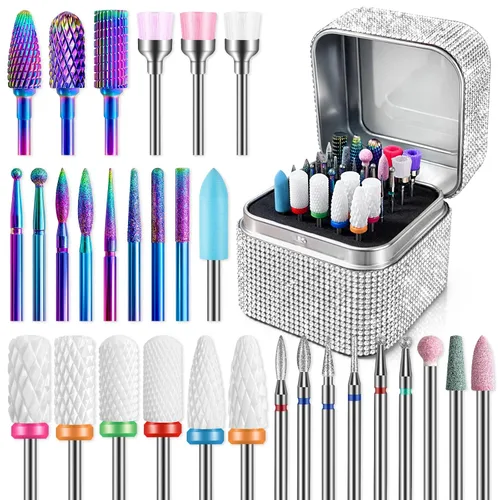 Miniatura 9 de Juego de brocas para uñas con estuche de almacenamiento: 30 piezas de 3/32 pulgadas de carburo de diamante y cerámica, kit profesional de salón