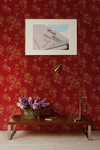 Miniatura 7 de Safiyya Papel tapiz de despegar y pegar de 393" x 17.3", papel de contacto rojo y dorado, papel tapiz floral autoadhesivo removible para cobertura
