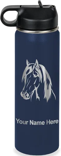 Miniatura 50 de LaserGram Botella de agua personalizada, cabeza de caballo 1, acero inoxidable de doble pared aislada al vacío con popote superior, regalo grabado