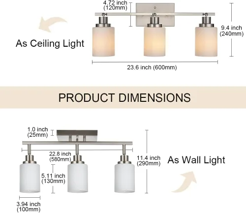 Miniatura 5 de TODOLUZ Accesorios de iluminación de riel para techo, 3 luces de níquel cepillado para pared de techo con vidrio blanco ópalo, base de bombilla E26