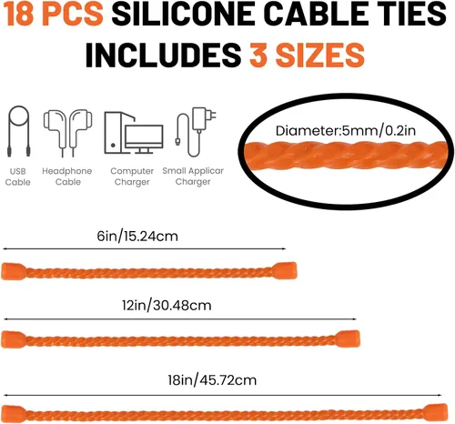 Miniatura 2 de 9 bridas de silicona para cables, reutilizables de 6 pulgadas, lazos de goma flexibles, para organizar, agrupar y enganchar (naranja, 6 pulgadas