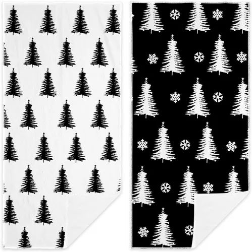 Juego de 2 toallas de mano para árbol de Navidad, color blanco y negro, juego de 2 toallas de baño absorbentes de copos de nieve, toallas