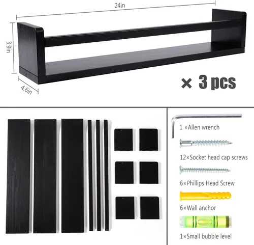 Miniatura 3 de AZSKY Estantes clásicos para libros de guardería, estantes flotantes de madera negra, estantería de pared para decoración de baño, cocina, especias