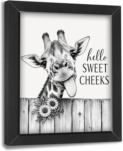 Funny Bathroom Wall Art Framed Giraffe Bathroom Decor, Black and White Animal Canvas Print Picture Farmhouse Toilet Signs for Home Restroom, Black,