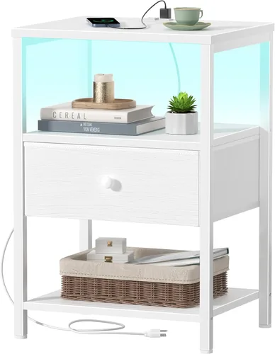 BOLUO - Mesita de noche blanca con estación de carga, mesita de noche LED con cajones de tela y estante, mesa de cabecera con puertos USB y tomas de