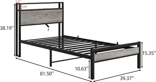 Miniatura 2 de HOJINLINERO Base de cama individual con cabecera de almacenamiento, plataforma de metal con estación de carga, no necesita somier, soporte de Roble