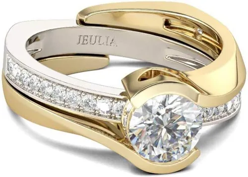 Jeulia Anillo asimétrico de 2,5 quilates para mujer de corte redondo de diamantes de 14 quilates chapado en oro de 14 quilates anillos de compromiso