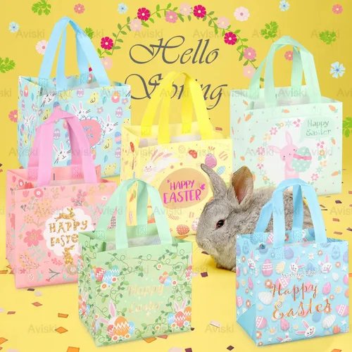 Miniatura 4 de Aviski 12 bolsas de caza de huevos de Pascua feliz, bolsa de regalo de huevo de zanahoria con asas, bolsas de regalo de Pascua, envoltura de regalos