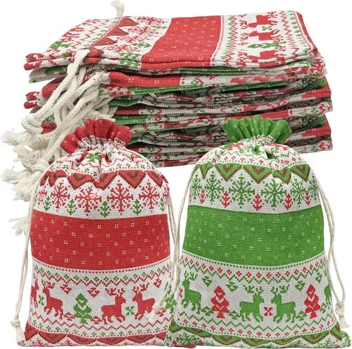 Miniatura 9 de Jexila 24 bolsas de regalo de arpillera de Navidad de 4 x 6 pulgadas, reutilizables, pequeñas bolsas de dulces con cordón de Navidad para niños