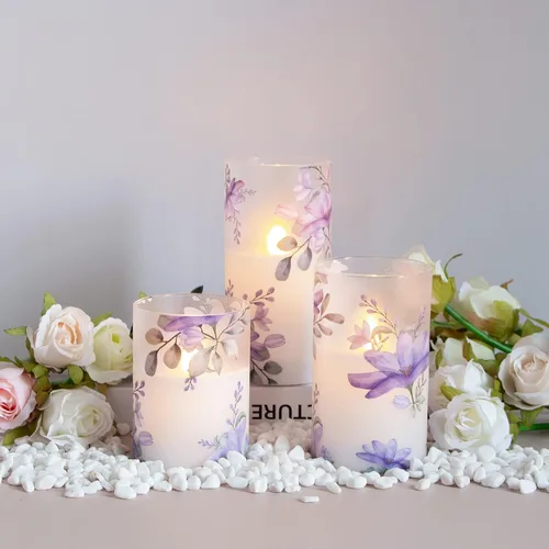 Miniatura 6 de Velas de cristal sin llama parpadeantes con control remoto y temporizador, flores púrpuras LED operadas por batería, cera real, juego de 3 velas