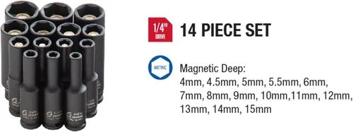 Miniatura 8 de Sunex Tools 1831, juego de llaves de impacto magnético profundo de 1/4 pulgada, 14 piezas, métrico, 4 mm - 15 mm, acero de aleación Cr-Mo, estuche