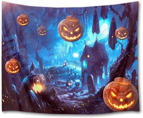 Miniatura 17 de HVEST Tapiz de noche de Halloween, tapiz para colgar en la pared, bosque embrujado con tumba y calabazas, manta de pared para dormitorio, sala