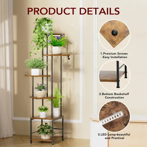 Miniatura 4 de Homsorout Soporte para plantas de interior con luz de crecimiento, soporte alto para plantas de 5 niveles para interiores, estante de metal