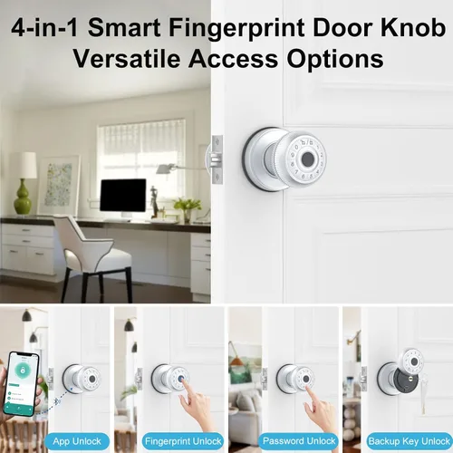 Miniatura 2 de BIWIBON Pomo de puerta inteligente 4 en 1, perilla de puerta de huellas dactilares con control de aplicación, cerradura inteligente de puerta