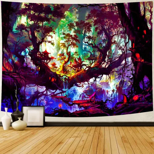 Miniatura 7 de Delur Tapiz de bosque de fantasía, río místico, encantado, de cuento de hadas, tapiz de árbol mágico de cuento de hadas, paisaje de amanecer, puesta