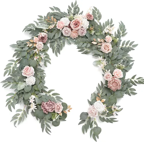 Miniatura 16 de Ling's Moment Guirnalda de Flores - Eucalipto y Rosa de 6 Pies - Decoración de Mesa de Novios para Recepción de Boda, Guirnalda Floral Artificial