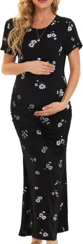 Miniatura 2 de Smallshow Vestido de maternidad largo dividido para mujer, manga corta, fruncido, ropa de embarazo