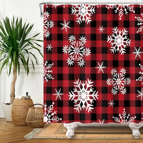 Miniatura 3 de Cortina de ducha con diseño de copo de nieve, rojo, negro, búfalo a cuadros, Navidad, blanco, nieve, invierno, decoración de baño, retro, rústico