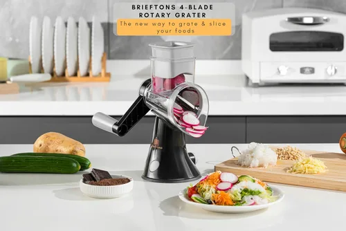 Miniatura 2 de Brieftons Rallador de queso giratorio de 4 cuchillas, cortador de alimentos de cocina con asa, cortador de verduras de mandolina, molinillo