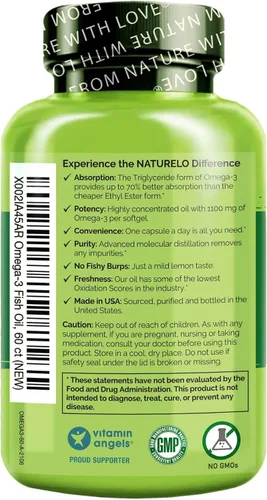Miniatura 3 de NATURELO Suplemento de aceite de pescado omega 3 sin eructos, 1100 mg de triglicérido omega-3, EPA + DHA, aceite de pescado líquido para corazón