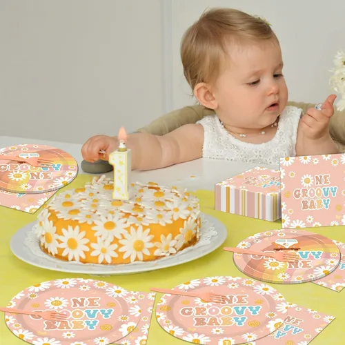 Miniatura 5 de 96 piezas de decoraciones de fiesta de cumpleaños One Groovy, platos de papel y servilletas para fiesta Groovy One para niñas, vajilla con flores
