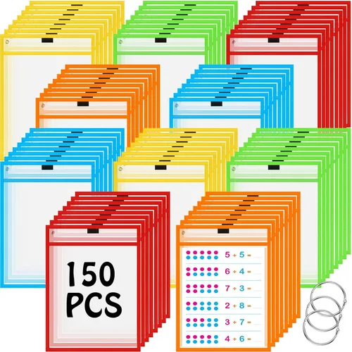 Miniatura 8 de Teling 150 bolsillos de borrado en seco reutilizables a granel para boletos de trabajo, protector de manga de plástico transparente, funda
